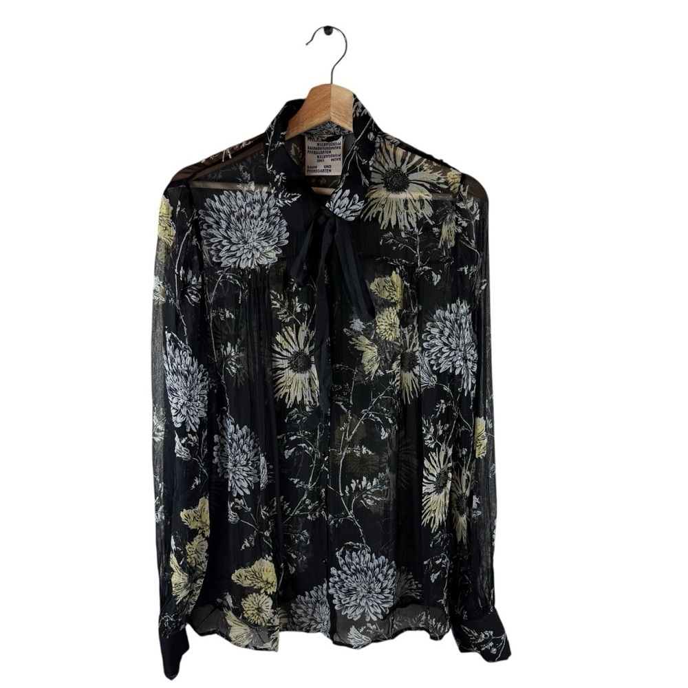 baum und pferdgarten sheer floral tie neck blouse top black floral size 42 - Picture 1 of 10